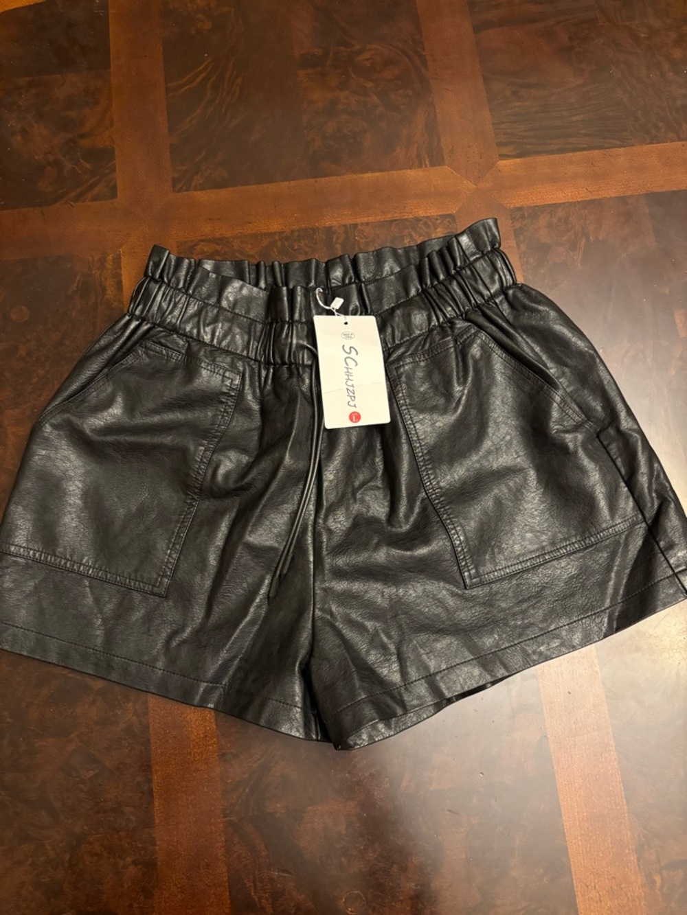 SCHUTZ Black Faux Leather High-Waist Elastic Shorts